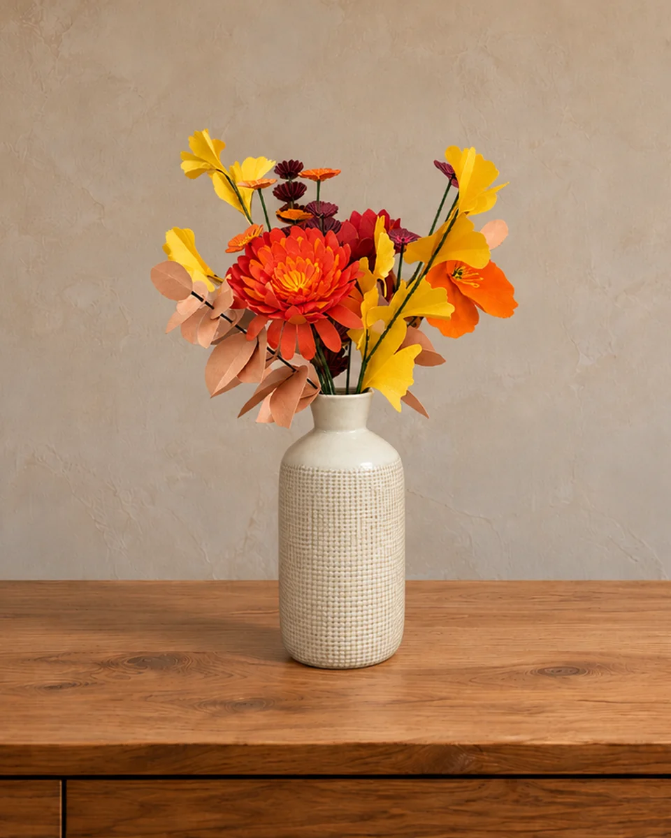Bouquet Sous-bois en papier : ginkgo doré, chrysanthèmes orange et lavande lie de vin dans un vase blanc